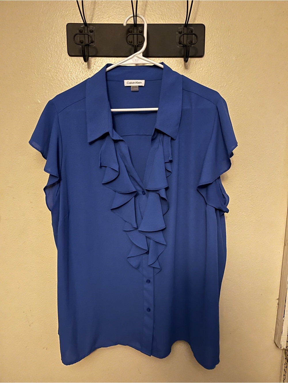 Calvin Klein Blue Ruffle Front Short Sleeve Blouse
